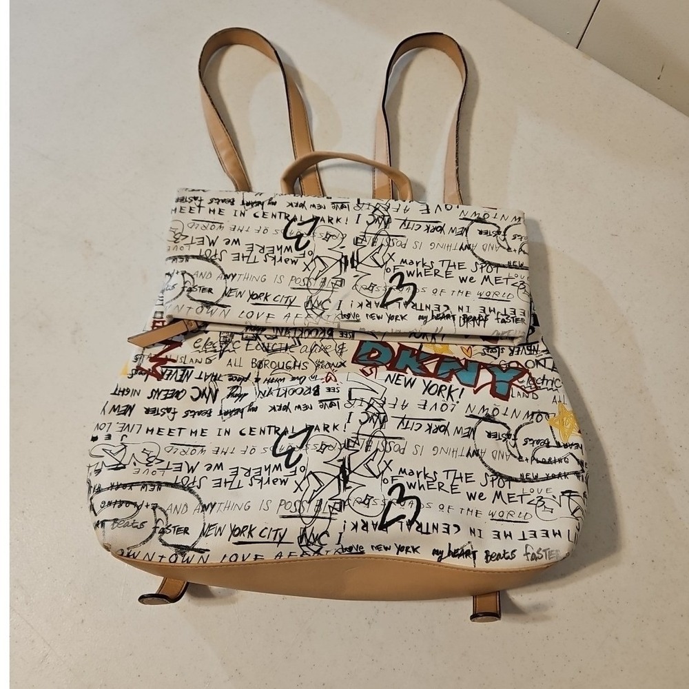 DKNY TILLY Graffiti Fold over White Multi-Urban NYC Backpack Purse Adjustable